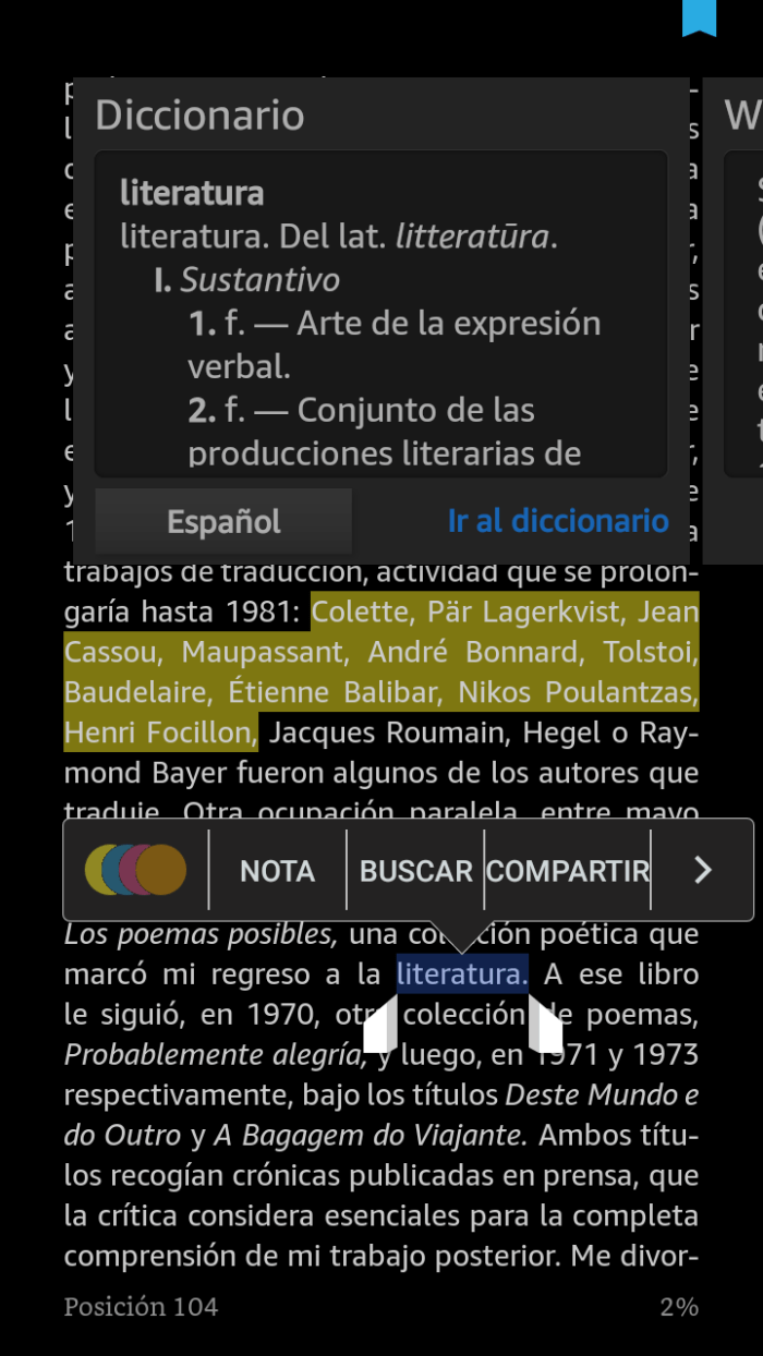 Diccionario en aplicación Kindle