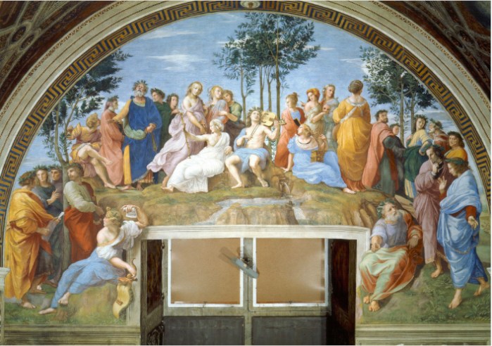 El Parnaso del Rafael Sanzio. La pintura muestra el mitológico Monte Parnaso, la montaña sagrada donde reside el dios Apolo y las musas de la mitología griega. Junto a poetas clásicos y contemporáneos al pintor.