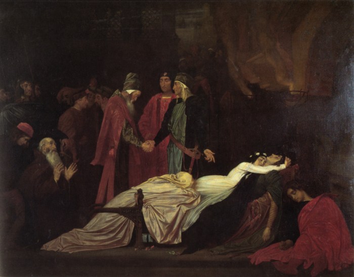 La reconciliación entre los Montesco y los Capuleto tras la muerte de Romeo y Julieta, Frederic Leighton, 1855