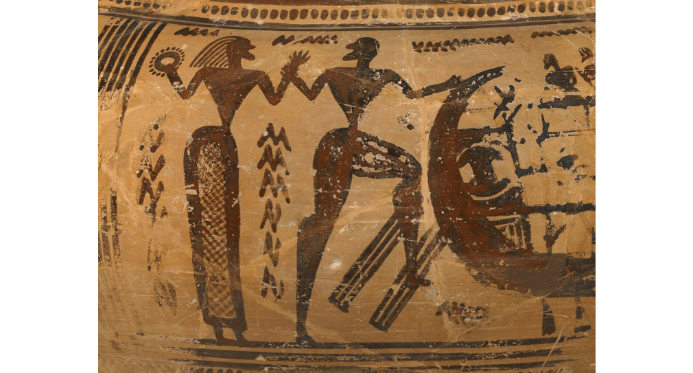 A detail of a scene from an Attic spouted krater perhaps showing the abduction/elopement of Helen of Troy with Paris which sparked off the Trojan War.
